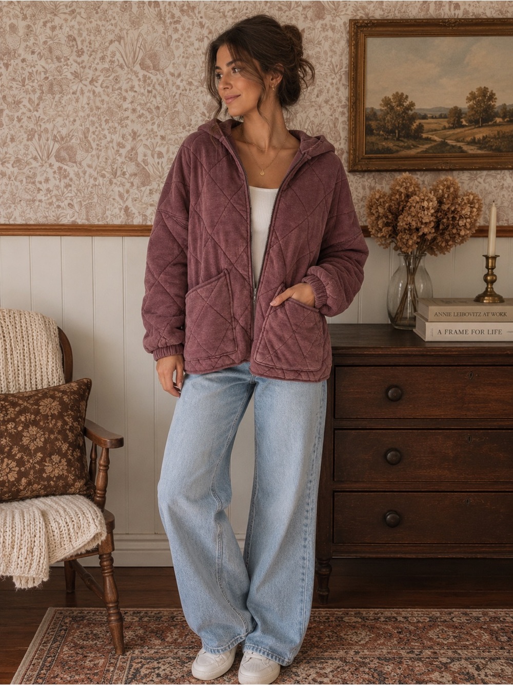 wild fable Quilted Hooded Puffer Jacket in Mauve